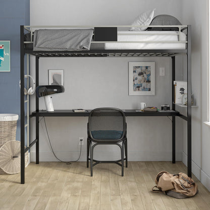 DHP Silver Twin Metal Loft Bunk Bed with Desk and Ladder, Ideal Space-Saving Design