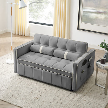 3 in 1 Sleeper Sofa Couch Bed, Small Tufted Velvet Convertible Loveseat Futon Sofa w/Pullout Bed, Adjustable Backrest, Cylinder Pillows for Living Room Apartment, Easy to Assemble, Grey, 55.5"