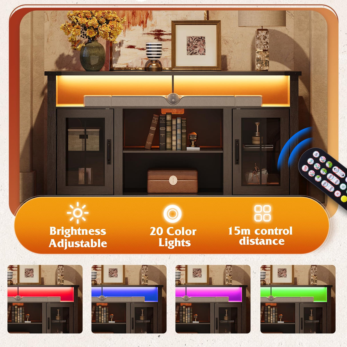 WLIVE TV Stand for 65 Inch TV, Retro Entertainment Center with LED Lights, Farmhouse TV Console wirh Open Shelves and Glass Cabinet Doors, Black WLIVE