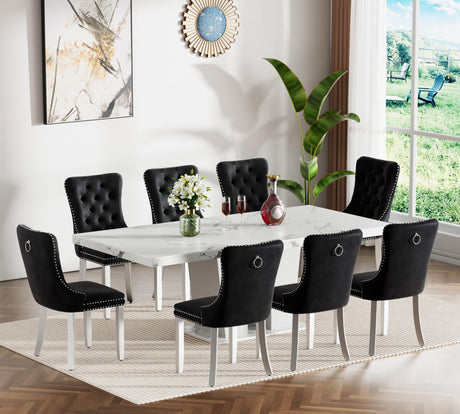 Henf 9 Pieces Extendable Dining Table Set for 8, 63"-79" White Marble Grain Extendable Kitchen Table Set w/8 Black Tufted Chairs,Mid-Century Modern Expandable Wood Dining Room Tables Set for 8 Henf