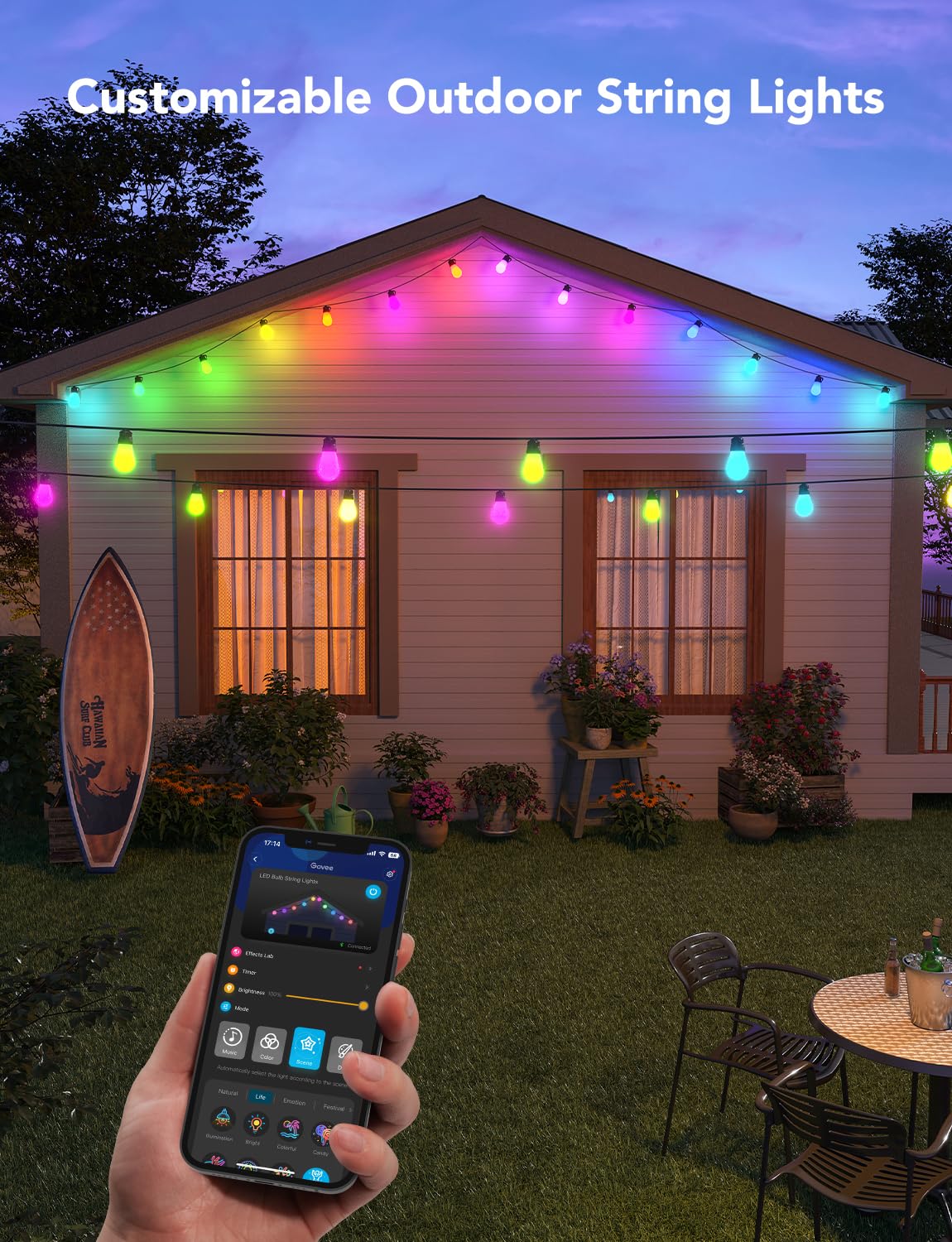 Govee Smart Outdoor String Lights H7015, 48ft RGBIC Outdoor Lights with 15 Dimmable LED Bulbs, IP65 Waterproof, Color Changing Warm White Lights with 47 Scene Modes for Patio, Backyard, App Control Govee