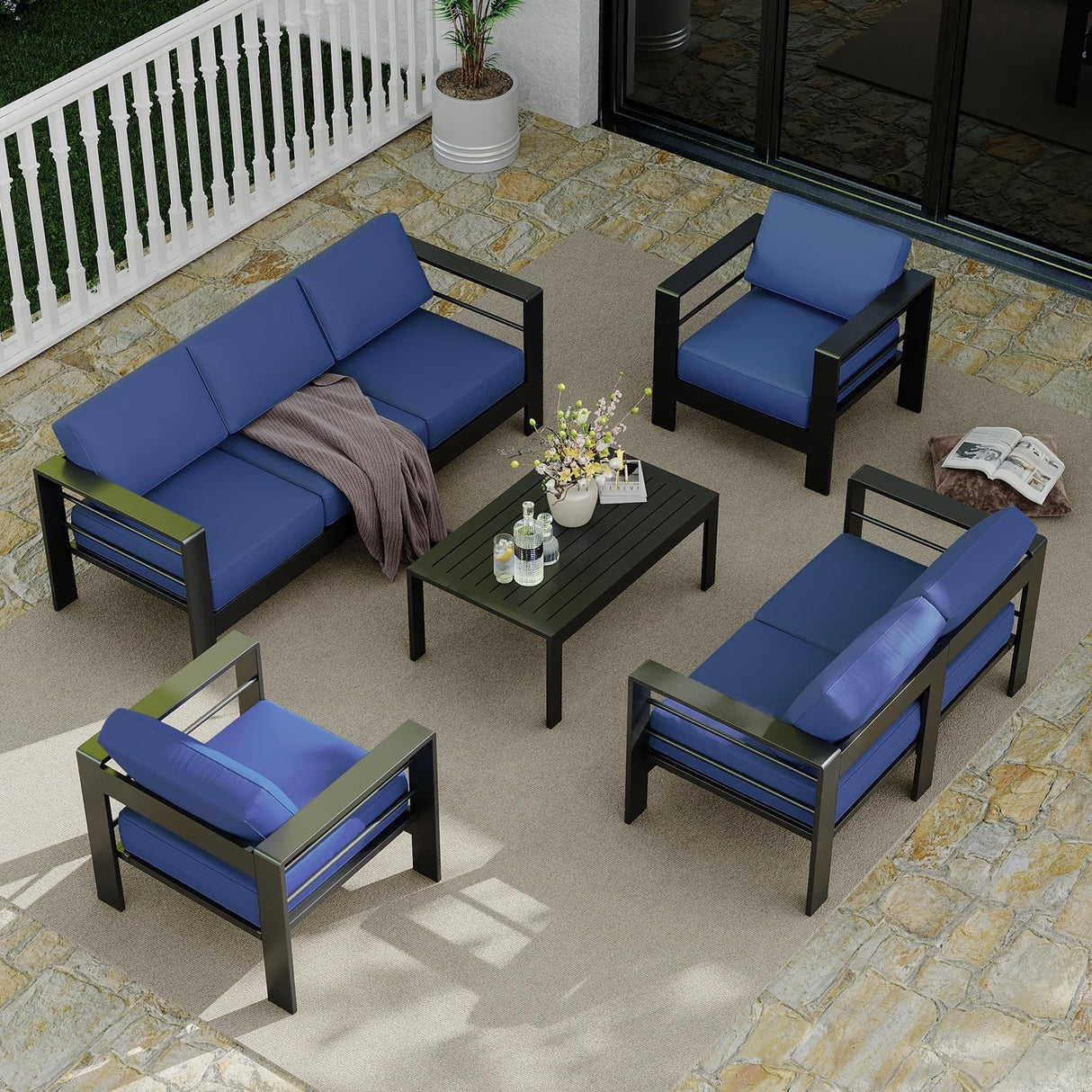7 Seats Aluminum Patio Furniture Set, 5 PCS Outdoor Sectional Conversation Set With 4" Wide Armrest, Backyard Sectional Sofa Set With Coffee Table & Thick Cushions, Blue GAOMON