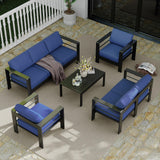 7 Seats Aluminum Patio Furniture Set, 5 PCS Outdoor Sectional Conversation Set With 4" Wide Armrest, Backyard Sectional Sofa Set With Coffee Table & Thick Cushions, Blue GAOMON