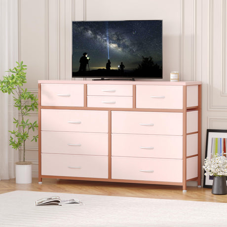 Jojoka Wide 10 Drawer Dresser,TV Stand Entertainment Center Fabric Storage Dressers Drawers for Bedroom, Hallway, Nursery, Closets, Steel Frame, Wood Top (Pink) Jojoka