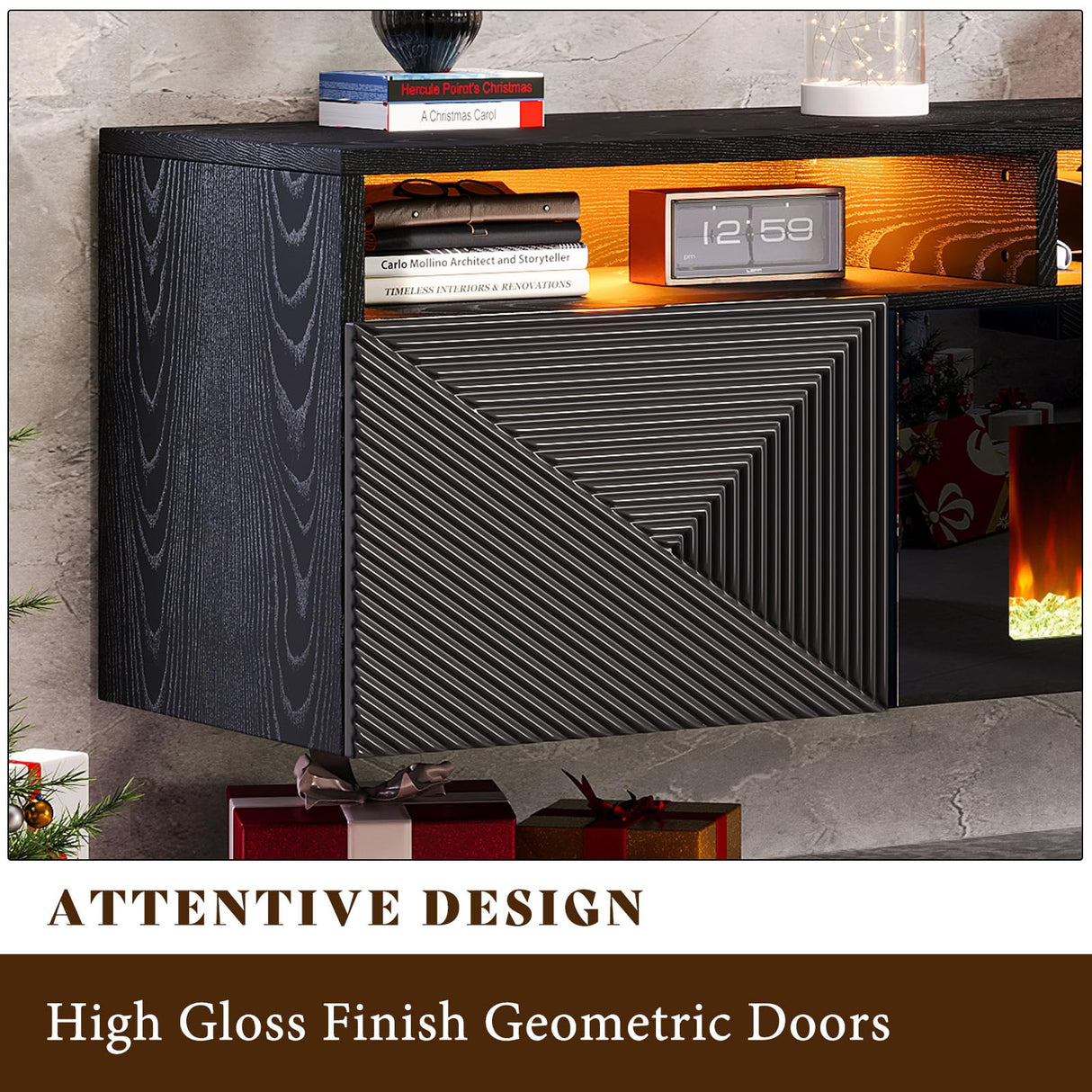 AMERLIFE Floating TV Stand with 40" Electric Fireplace, Modern Wall Mounted Entertainment Center with Storage, 80in Media Console with High Gloss Geometric Doors for TVs Up to 90", Black AMERLIFE