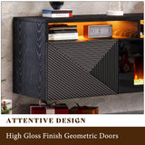 AMERLIFE Floating TV Stand with 40" Electric Fireplace, Modern Wall Mounted Entertainment Center with Storage, 80in Media Console with High Gloss Geometric Doors for TVs Up to 90", Black AMERLIFE