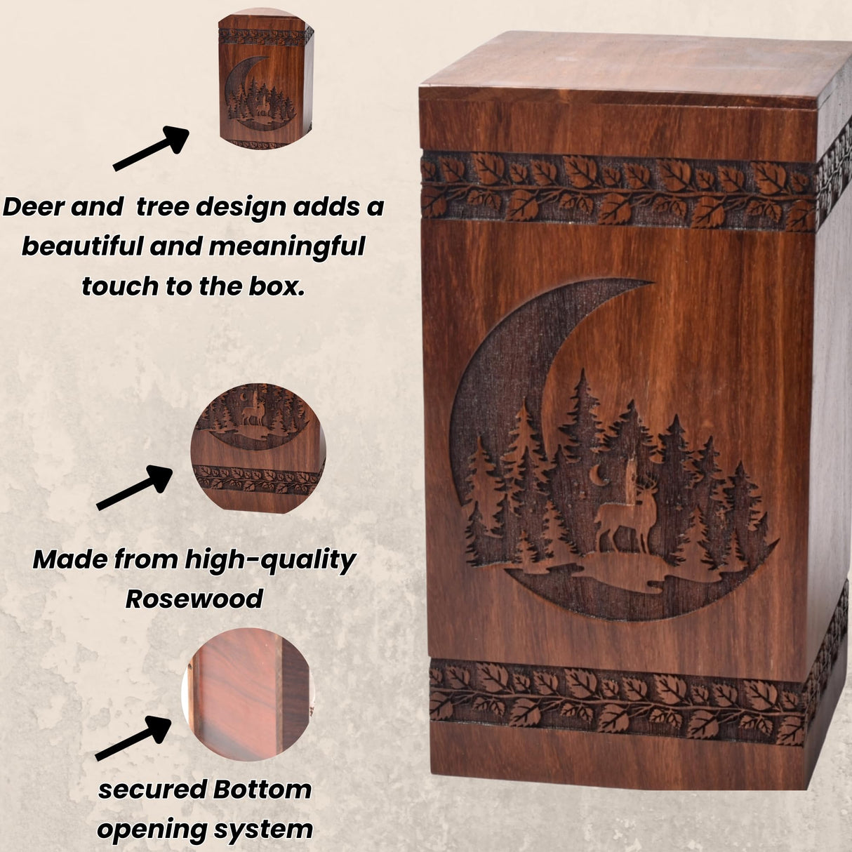Tamanna crafts Handcrafted Rosewood Urn For Human Ashes - Beautifull Moon And Deer Tree Wooden Box - Cremation Urn For Pets Handmade Burial Urn Box Tamanna crafts