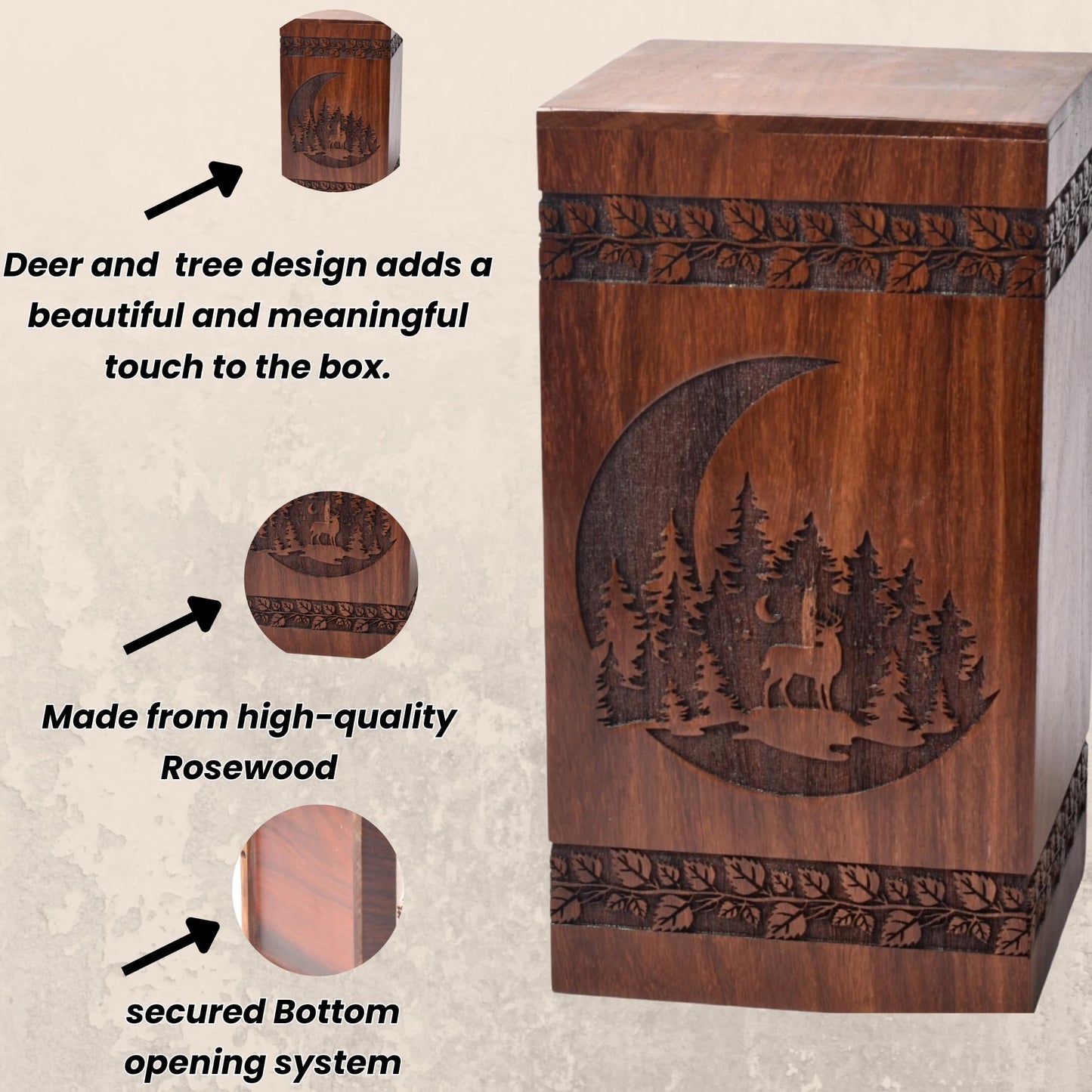 Tamanna crafts Handcrafted Rosewood Urn For Human Ashes - Beautifull Moon And Deer Tree Wooden Box - Cremation Urn For Pets Handmade Burial Urn Box - WoodArtSupply