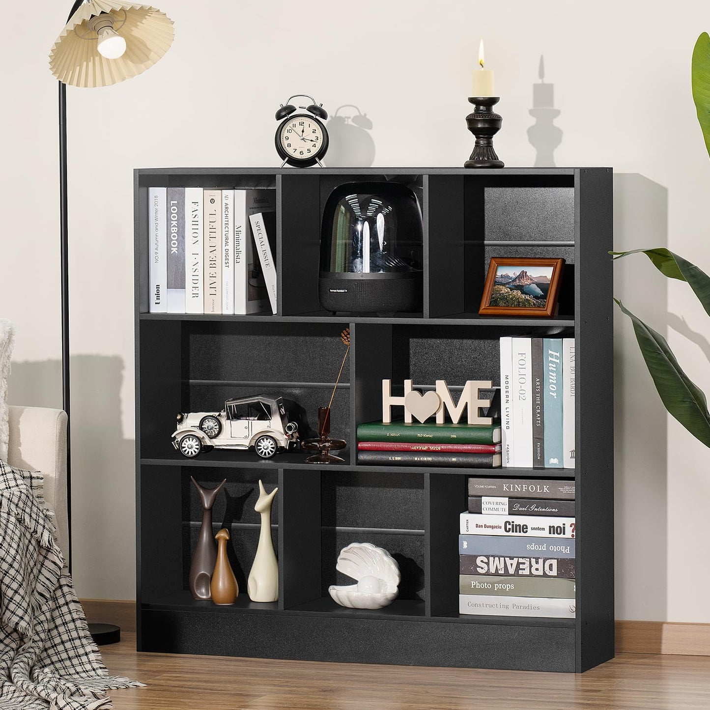 YAHARBO Modern Black 3-Tier Wide Bookshelf with 8 Cubes for Versatile Storage and Display