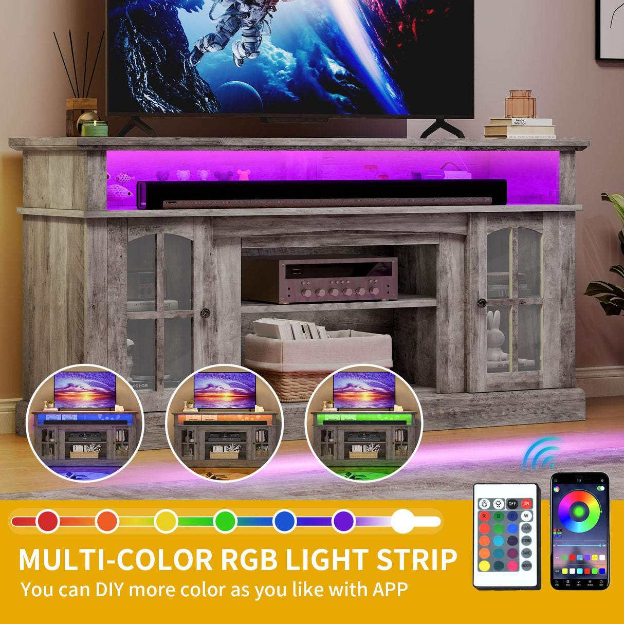 DWVO Farmhouse Television Stand for 75 Inch TV w/Outlets, LED Modern Entertainment Center with Glass Doors and Adjustable Storage Shelves, Media Console TV Cabinet for Living Room, Grey DWVO