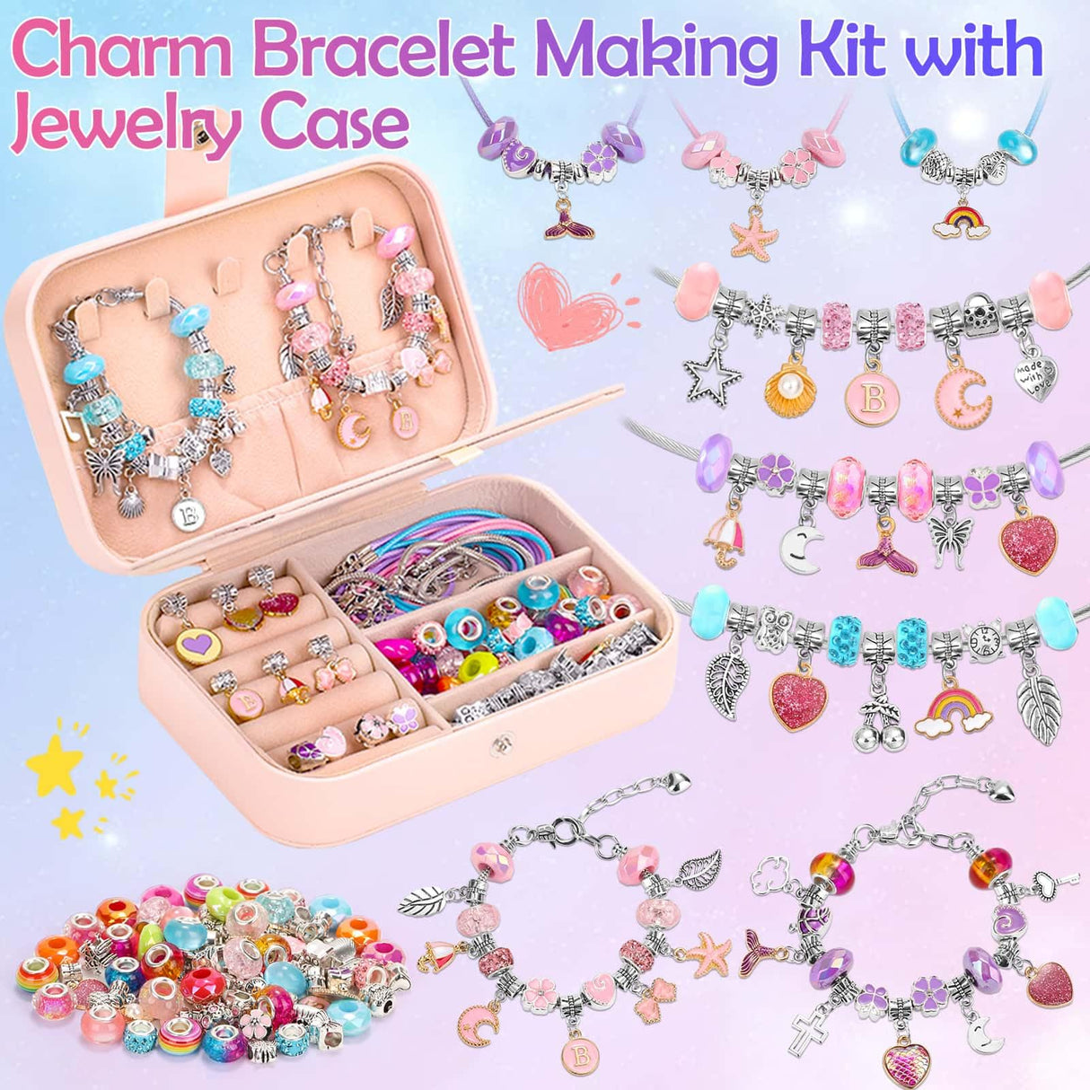 Girls Charm Bracelet Making Kit with Jewelry Box for Kids Charm Beads for Jewelry Making DIY Bracelet Craft Kit for Girls Age 8-12 Birthday Gifts Valentine Christmas Billbotk