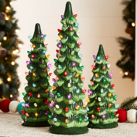 Best Choice Products Set of 3 Ceramic Christmas Trees, Pre-Lit Hand-Painted Tabletop Holiday Decoration w/Multicolor Bulbs, LED Lights – Green Best Choice Products
