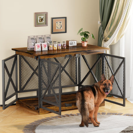 COZPAW Large Dog Crate Furniture - 48 inch Heavy Duty Dog Kennel Indoor for XLarge Breed with Double Doors, Wooden Dog Cage XL Modern Decorative End Table Pet House (Brown) COZPAW