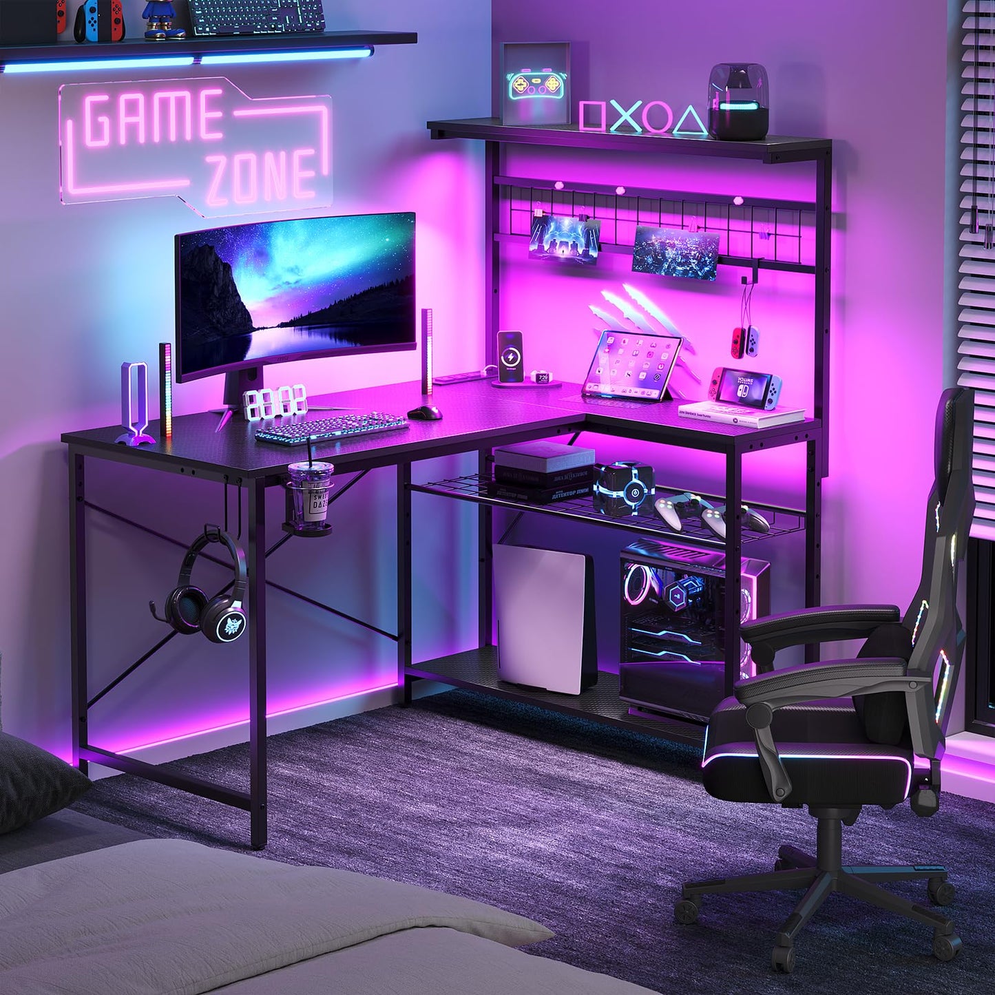 Bestier Gaming Desk with Power Outlets,42 Computer Desk with LED Lights, Reversible Corner Desk with 4-Tier Shelves,Cup Holder & Hook for Home Office,Carbon Fiber Black