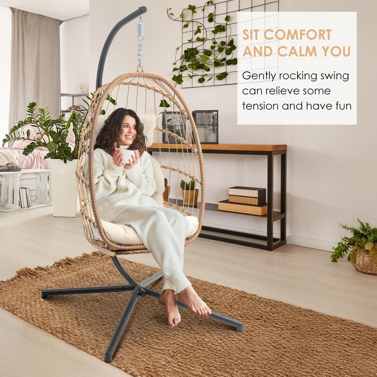 Brafab Hanging Egg Chair with Stand and Footrest, Wicker Egg Swing Chair Indoor Outdoor Aluminum-Steel Frame and UV Resistant Cushion, Patio Lounge Hammock Chairs for Bedroom 370LBS Capacity, Begie Brafab