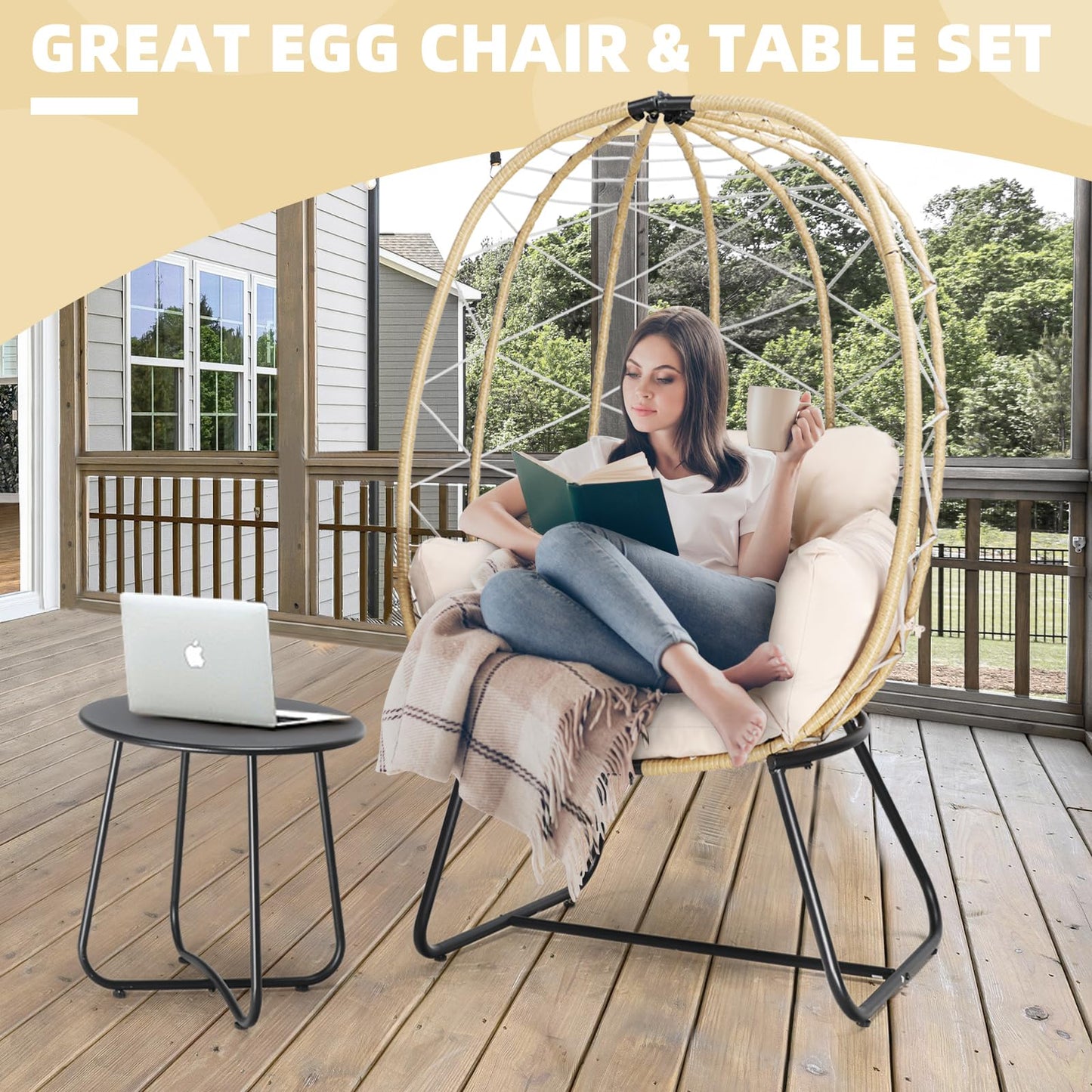 GRAVFORCE Wicker Egg Chair Set, Oversized Indoor Outdoor Lounger Chair with Cushion & Table, Patio Rattan Chair for Backyard, Living Room, Steel Frame, 440lb Capacity - Ivory