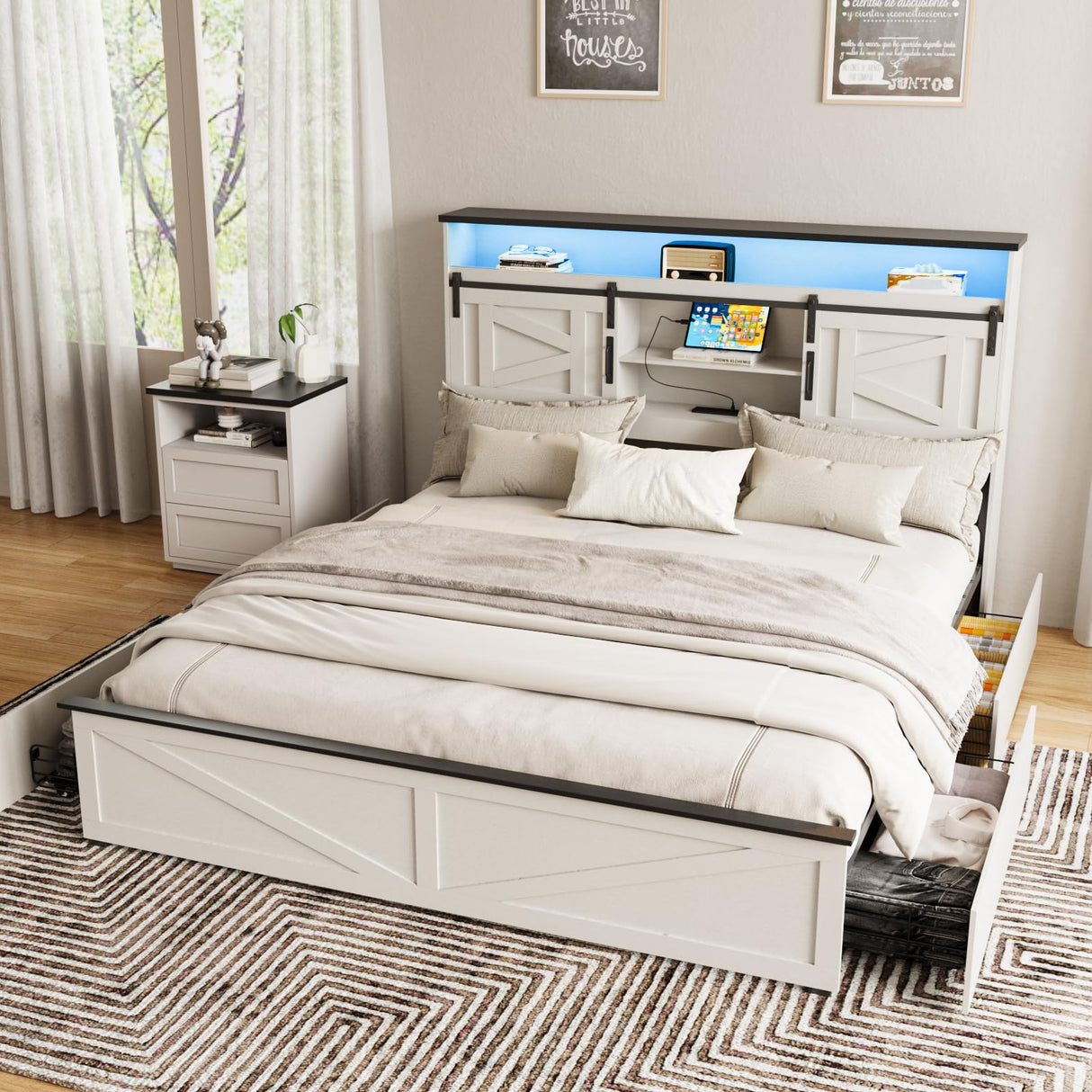 Fameill Farmhouse King Size Bed Frame with 4 Drawers and Bookcase Headboard, Sliding Barn Door Storage Shelves, LED Lights and Charging Station, No Box Spring Needed, Antique White Fameill