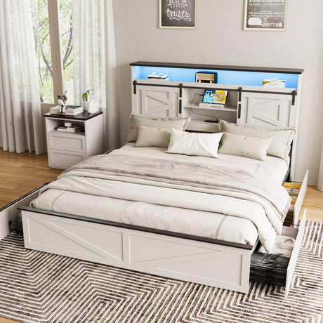 Fameill Farmhouse King Size Bed Frame with 4 Drawers and Bookcase Headboard, Sliding Barn Door Storage Shelves, LED Lights and Charging Station, No Box Spring Needed, Antique White Fameill
