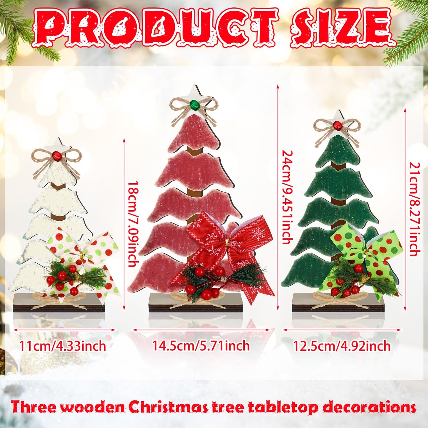 CroBlissful 3 Pcs Wooden Christmas Tree Tabletop Decorations Christmas Centerpieces for Table Rustic Xmas Tiered Tray Decor Christmas Table Sign Freestanding with Hemp Rope Bow Bell for Holiday Party