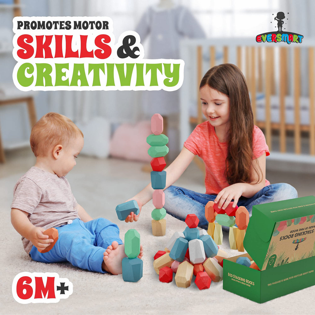 EVERSMART 36 Pcs Wooden Stacking Blocks – Montessori Toys for 1 2 3 4 5 6 Year Old Toddlers and Kids, XL Rocks, No Choking Hazard – Sensory STEM Building Stones, Girl or Boy Birthday Gifts EVERSMART