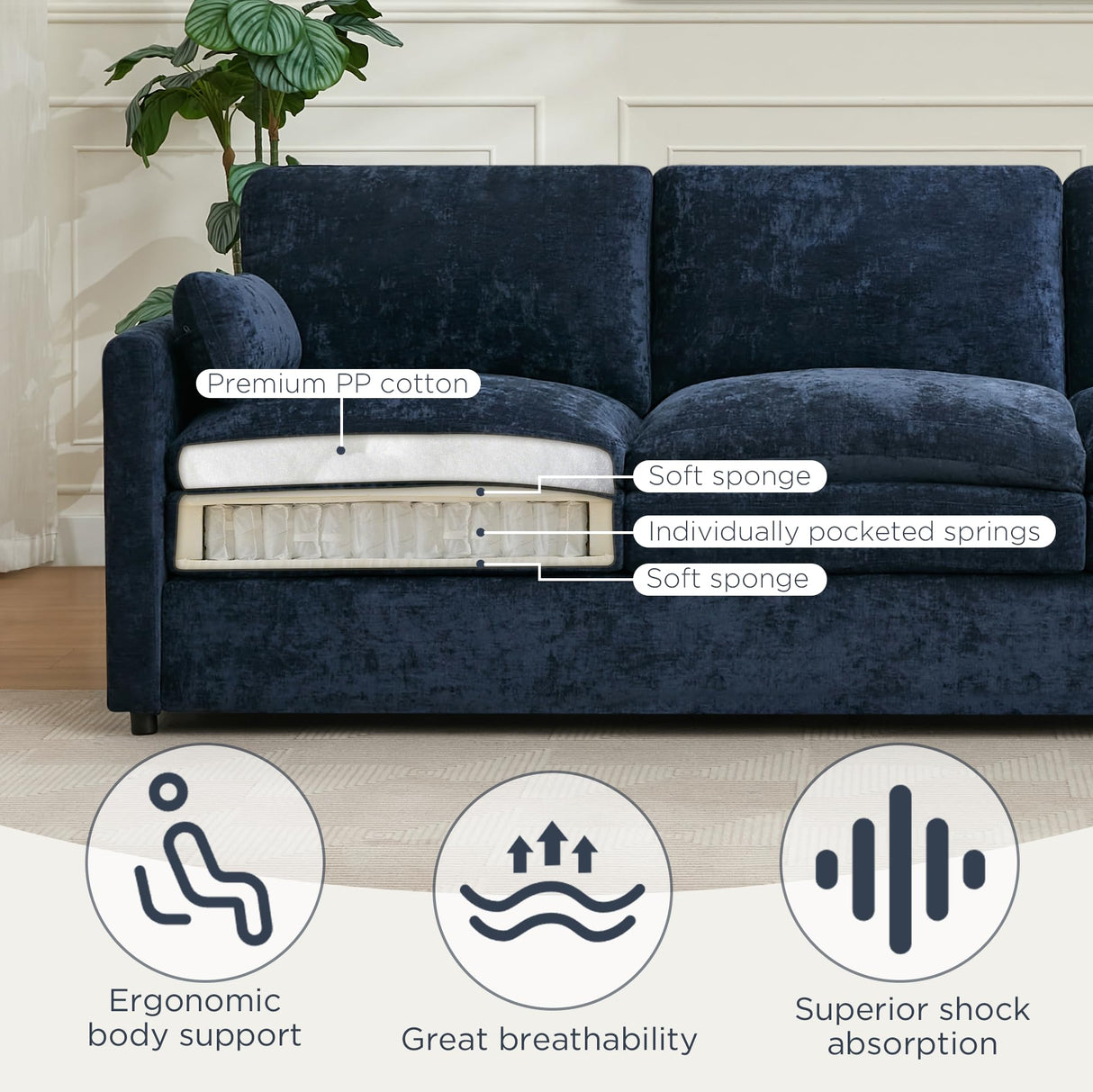 Tbfit 89" Cloud Modern Sofa, Comfy 3-Seater Couch w/Pillows, Pocketed Spring Seats, Plush Foam Cushions, Chenille Fabric Removable Cover, Soft Upholstered Living Room Furniture Home Apartment, Blue Tbfit