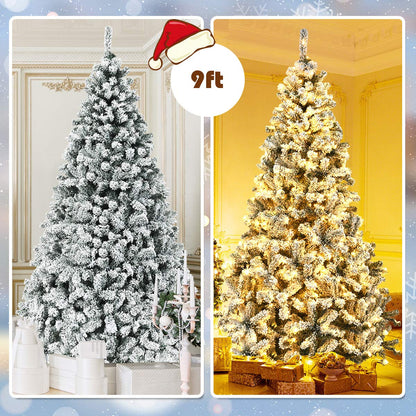 Goplus 9ft Pre-Lit Artificial Christmas Tree, Premium PVC Snow Flocked Hinged Pine Tree with Metal Stand and LED Lights, Perfect Xmas Decoration for Indoor and Outdoor