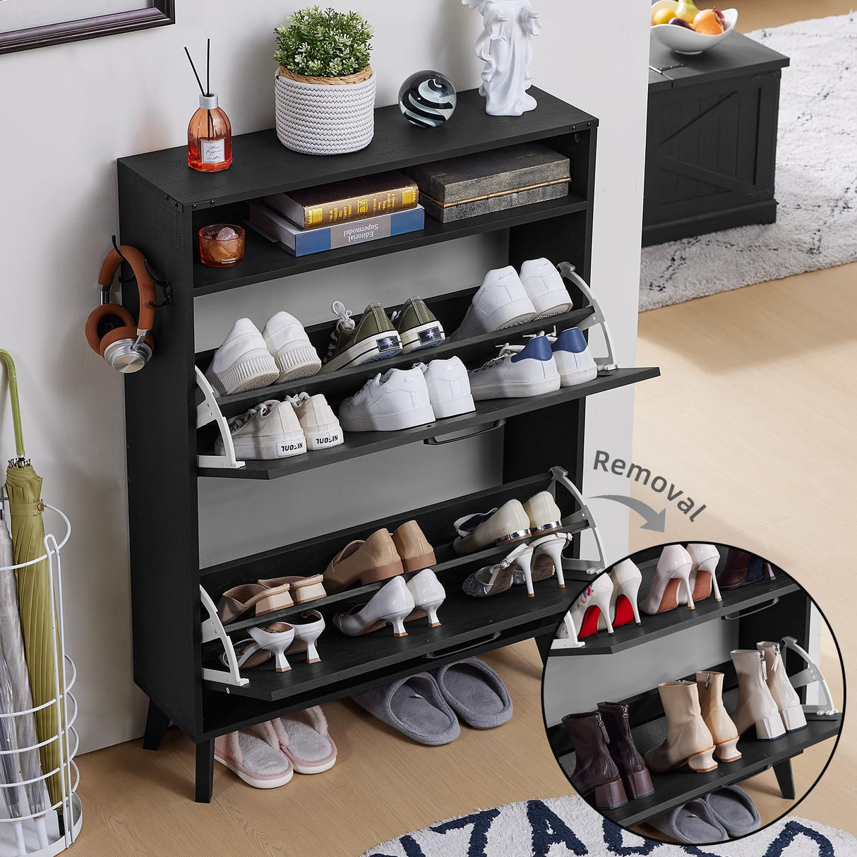 Joaxswe Shoe Storage Cabinet with 2 Flip Drawers, Farmhouse Shoes Organizer for Entryway, Narrow Hidden Shoe Rack with Wooden Legs & Open Storage, Free Standing Shoe Closet for Foyer, Hallway, Black Joaxswe