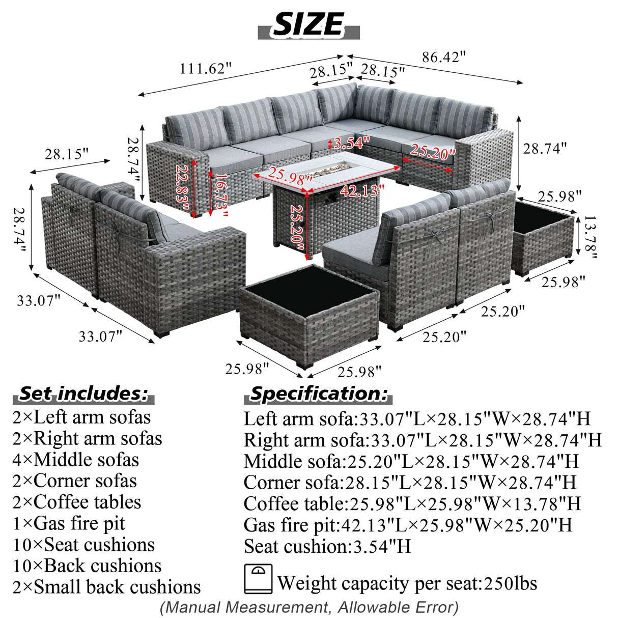HOOOWOOO Outdoor Patio Sectional Furniture Sofa Set with Propane Fire Pit Table,13 Piece Large Modern Wicker Couch with Widened Armrest,Modular L Shaped Conversation Seating Set(Grey Strip) HOOOWOOO