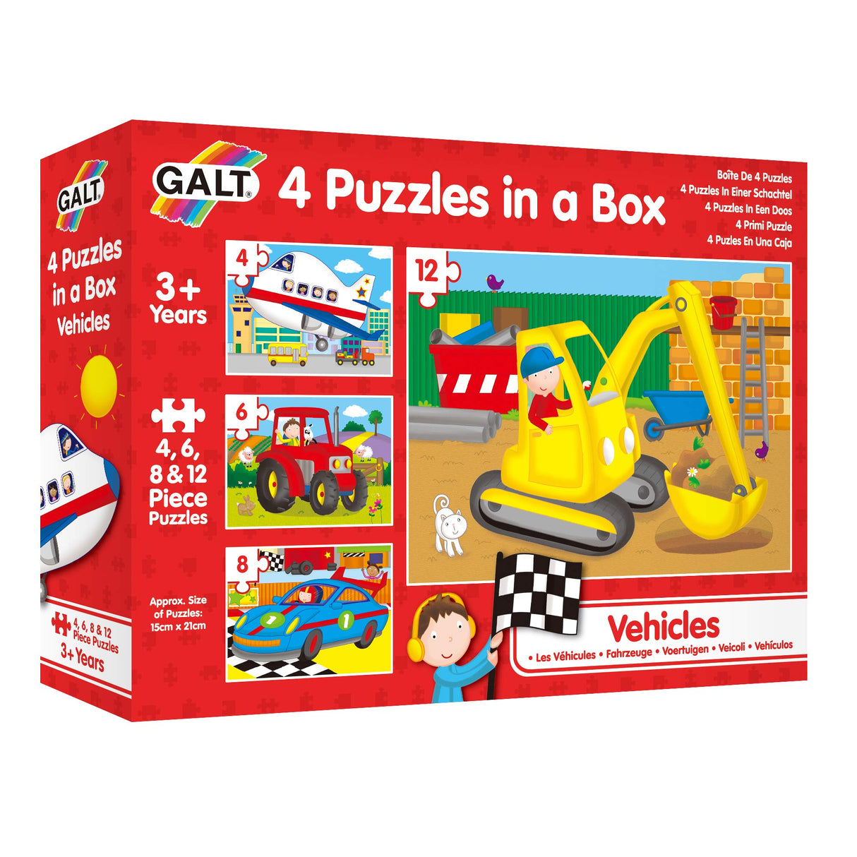 Galt Toys, 4 Puzzles in a Box - Vehicle Themed, Multi Sized/Piece Puzzles, Ages 3 Plus Years Galt