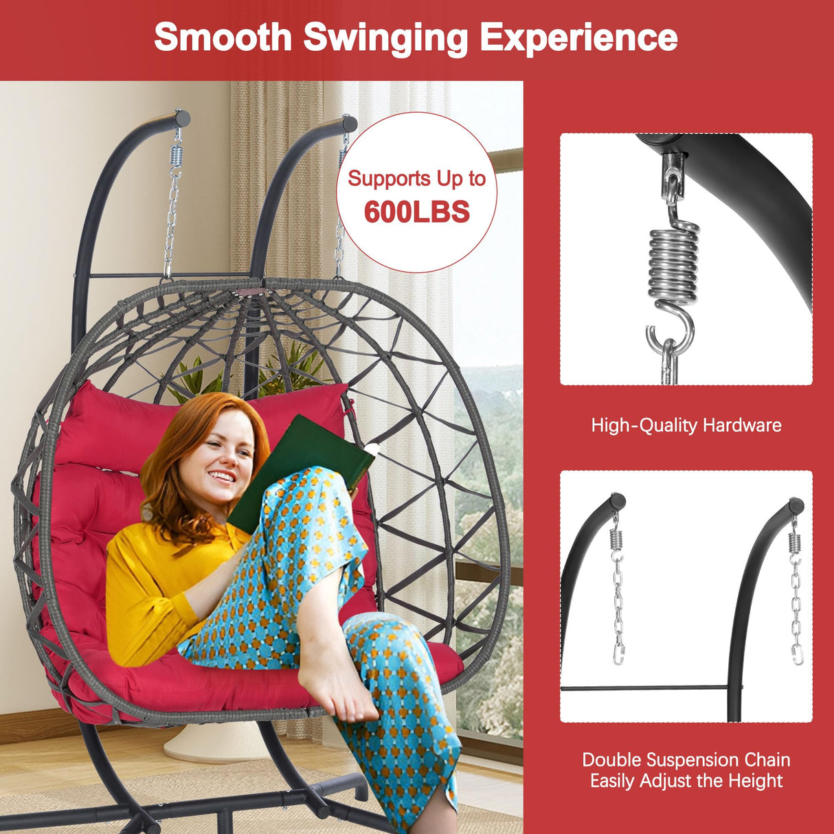 Double Hanging Egg Chair Indoor Outdoor with Stand, Patio Rattan Wicker Double Egg Swing Chair Hammock Chair with UV Resistant Thicken Comfy Cushions, Porch Swing Loveseat for Backyard, Red WIIS' IDEA