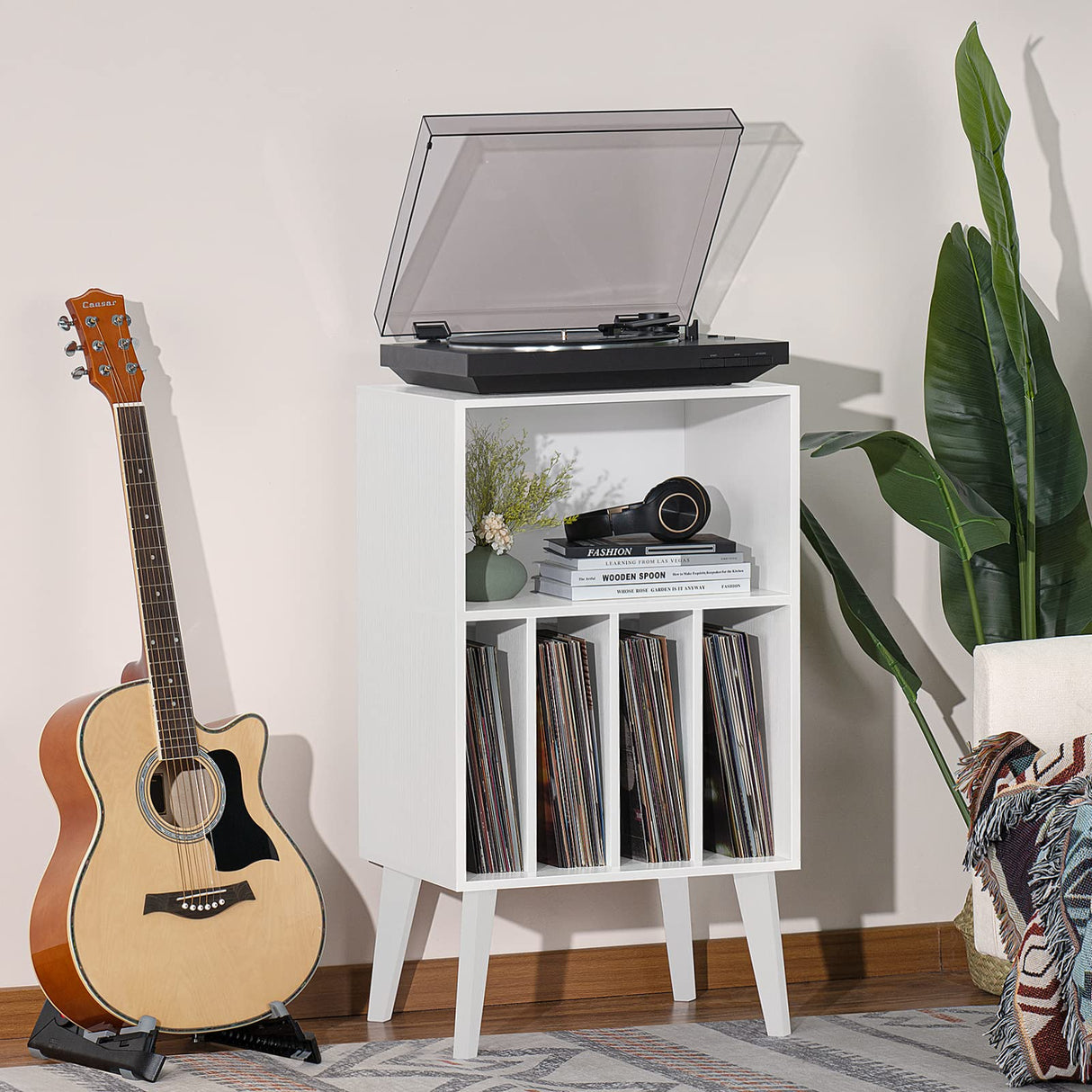 Lerliuo Record Player Stand, White Turntable Stand Holds up to 160 Albums, Mid-Century Vinyl Storage Cabinet Table with Solid Wood Legs, Record Player Holder Dispaly Shelf for Bedroom Living Room Lerliuo