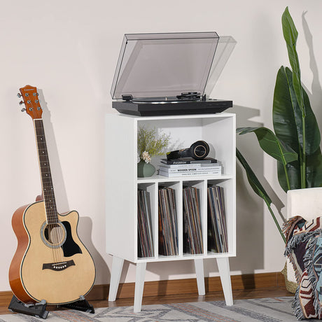 Lerliuo Record Player Stand, White Turntable Stand Holds up to 160 Albums, Mid-Century Vinyl Storage Cabinet Table with Solid Wood Legs, Record Player Holder Dispaly Shelf for Bedroom Living Room Lerliuo
