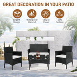 Outvita 4 Pieces Patio Furniture Set, Rattan Conversation Sets with Loveseat Soft Cushion and Glass Table for Garden Backyard Balcony Porch Poolside(Black) Outvita