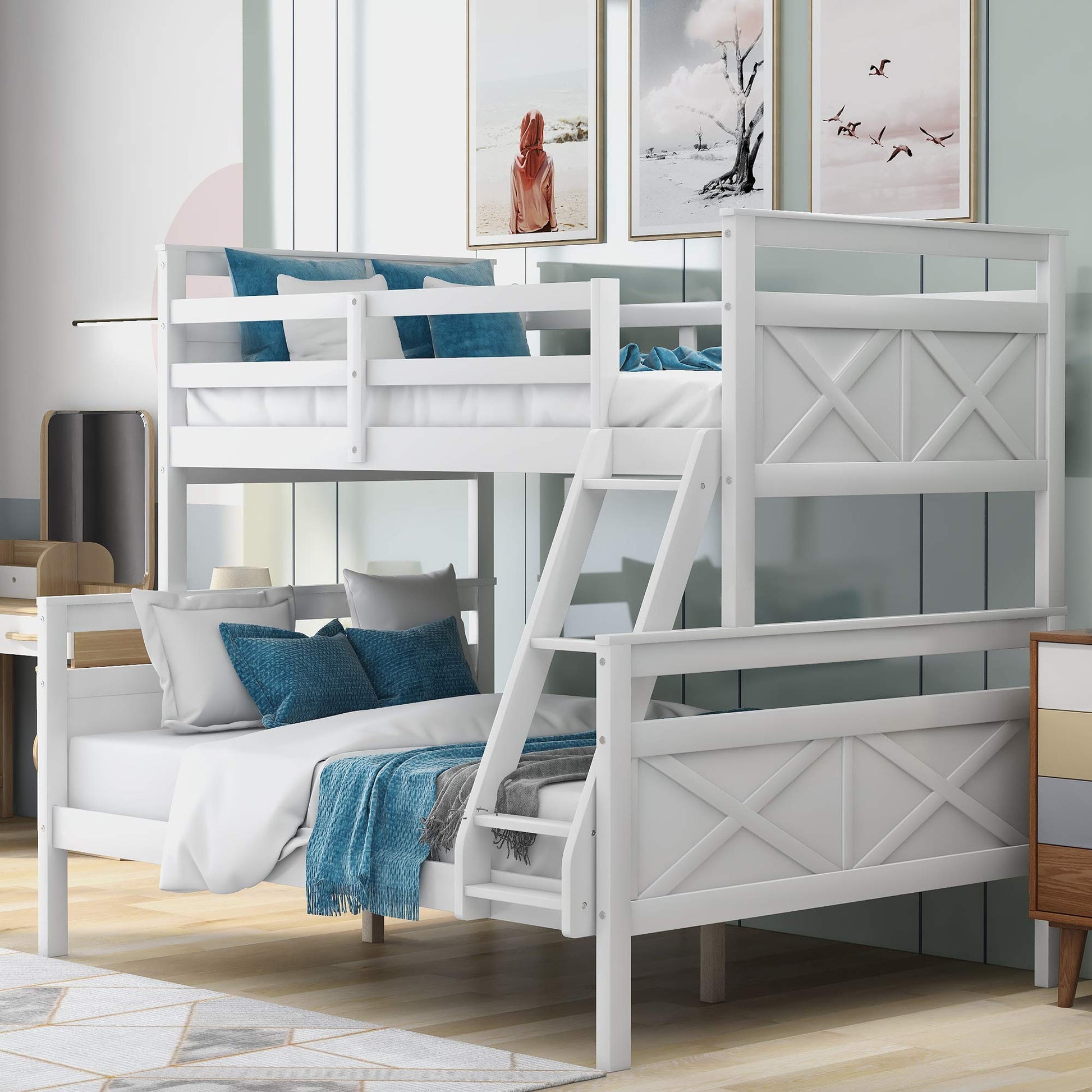 Merax Convertible Twin Over Full Bunk Bed with Ladder and Safety Guardrail in White - WoodArtSupply