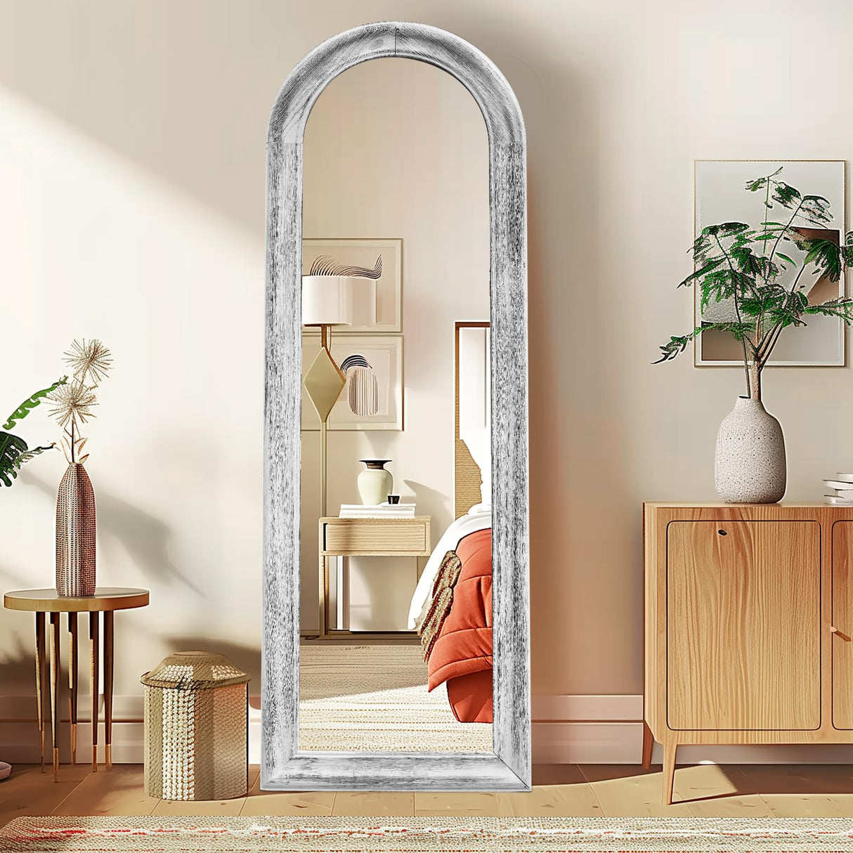 ABSWHLM 65"x22" Arched Full Length Mirror with Stand Solid Wood Frame Floor Large Mirror for Living Room, Bedroom Hanging Standing or Leaning Wall-Mounted, White ABSWHLM