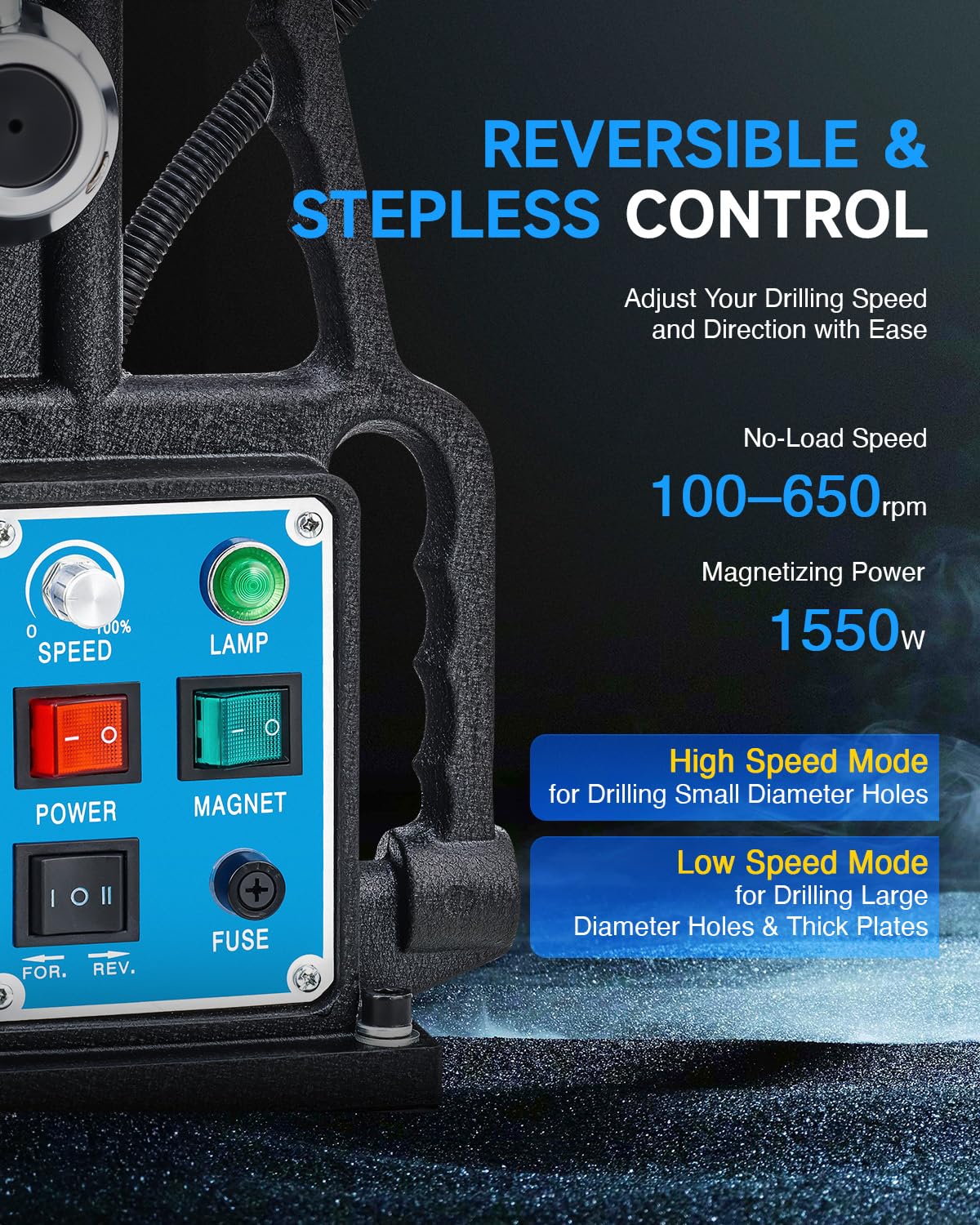 ZELCAN Magnetic Drill Press with 6 Drill Bits, 1550W Mag Drill Press with 2" Dia. 3125 lbf/13900N Mag Force, 650 rpm Power Magnetic Drill with Stepless Speed & Reversible Direction for Metal Surface ZELCAN