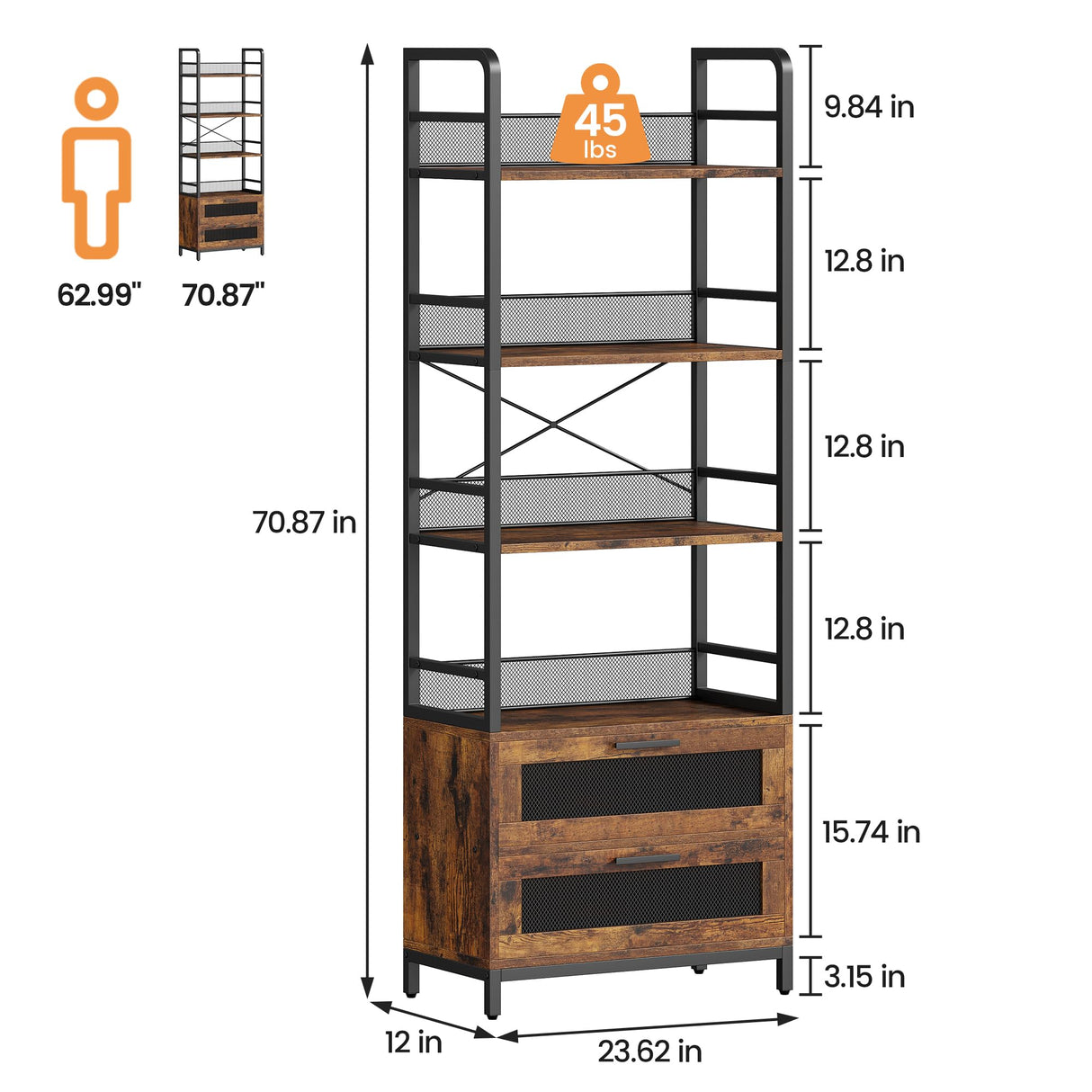 IDEALHOUSE Bookshelf with Drawers Industrial Bookcase with 4 Tiers Open Storage Shelves Rustic Bookshelves 70.87" Tall Display Racks Farmhouse Bookshelf for Bedroom, Living Room, Home Office, Brown IDEALHOUSE