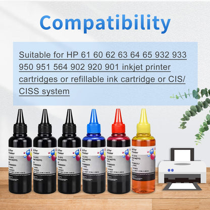 AYMSous Ink Refill Kit for HP 60 61 63 64 65 902 932 952 950 951 564 Refillable Ink Cartridge for HP Envy 4500 4520 5643 OfficeJet 6500a 6500 6000(6x100ML 3 Black, 1 Cyan. 1 Magenta, 1 Yellow)