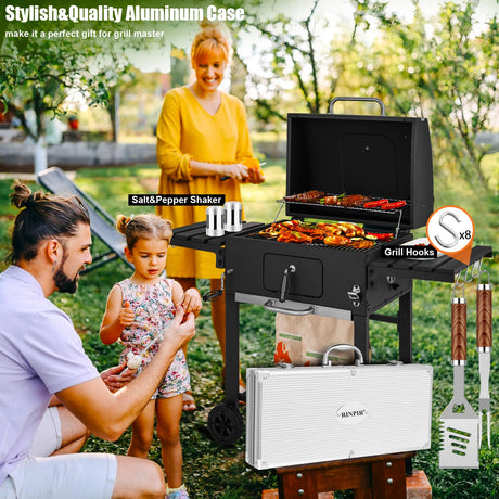 RINPIR 35pcs Deluxe Grilling Gifts Set for Birthday Christmas, Stainless Steel BBQ Accessories Kit for Men Dad, Professional Grill Tools Utensils with Scissors, Meat Claws in Aluminum Case Brown RINPIR