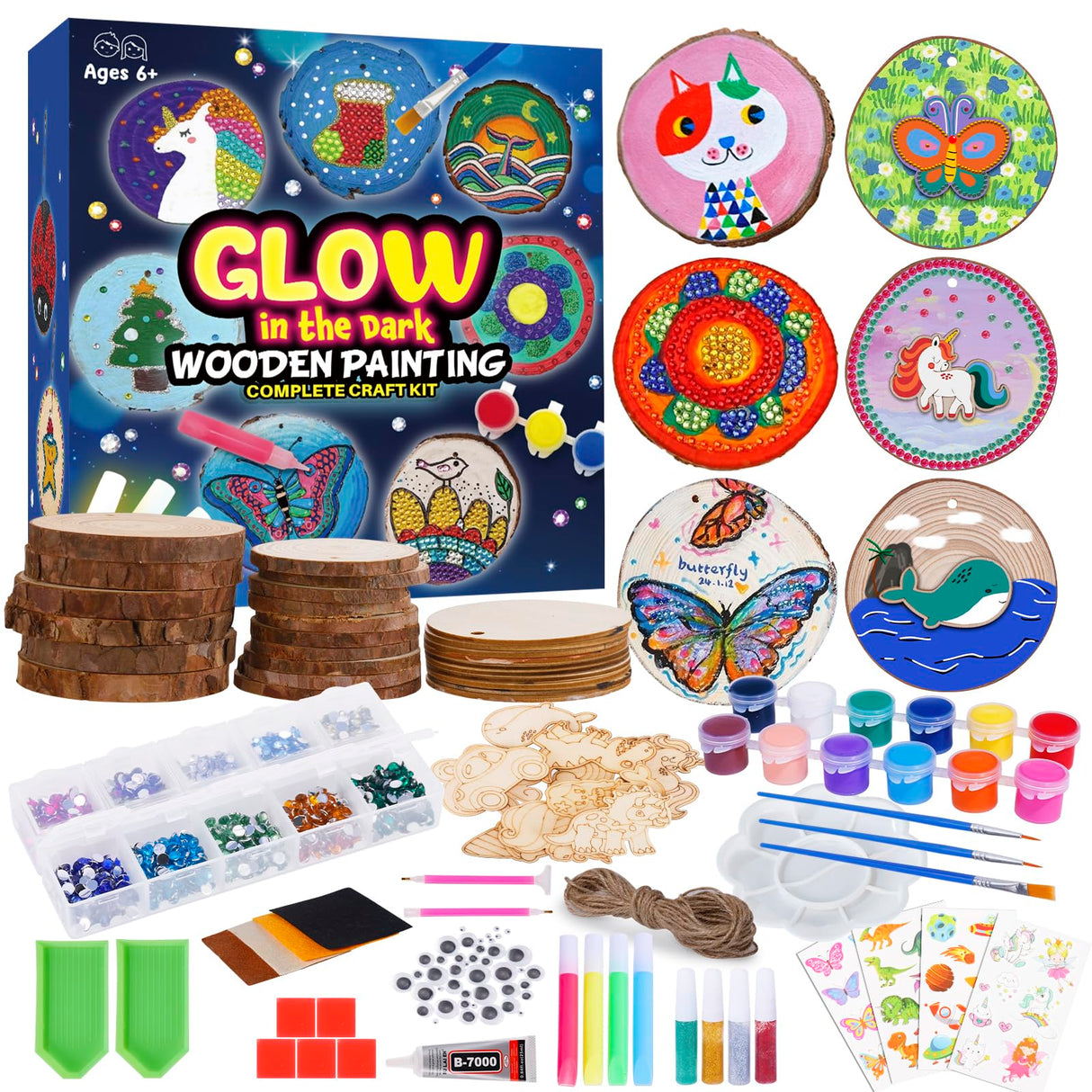 Minetom Kids Wooden Painting Kit-Glow in The Dark，26 pcs Wood Slice Craft Activities Kits-Arts & Crafts Gifts for Boys Girls Ages 5-12,Creative Art Toys for 5, 6, 7, 8, 9, 10, 11 & 12 Year Old Kids Minetom