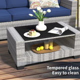 7 Piece Patio Furniture Set, Wicker Outdoor Sectional Sofa with Washable Cushion Covers and Tempered Glass Table, Rattan Conversation Set for Poolside, Lawn, Balcony (Navy Blue, Gray-white Rattan) SHGJ&SOFT