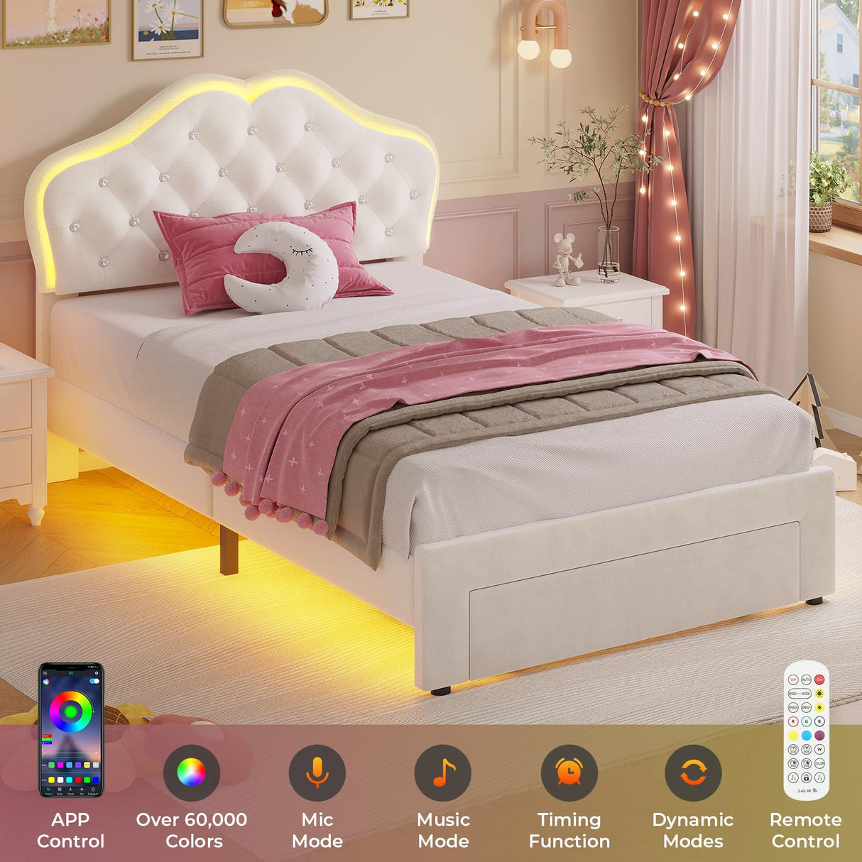 ADORNEVE Twin Size LED Bed Frame with Storage Drawer, Girls Twin Bed Frame with Adjustable Crystal Button Headboard, Velvet Princess Platform Bed for Girls, Solid Wooden Slats,Creamy White ADORNEVE