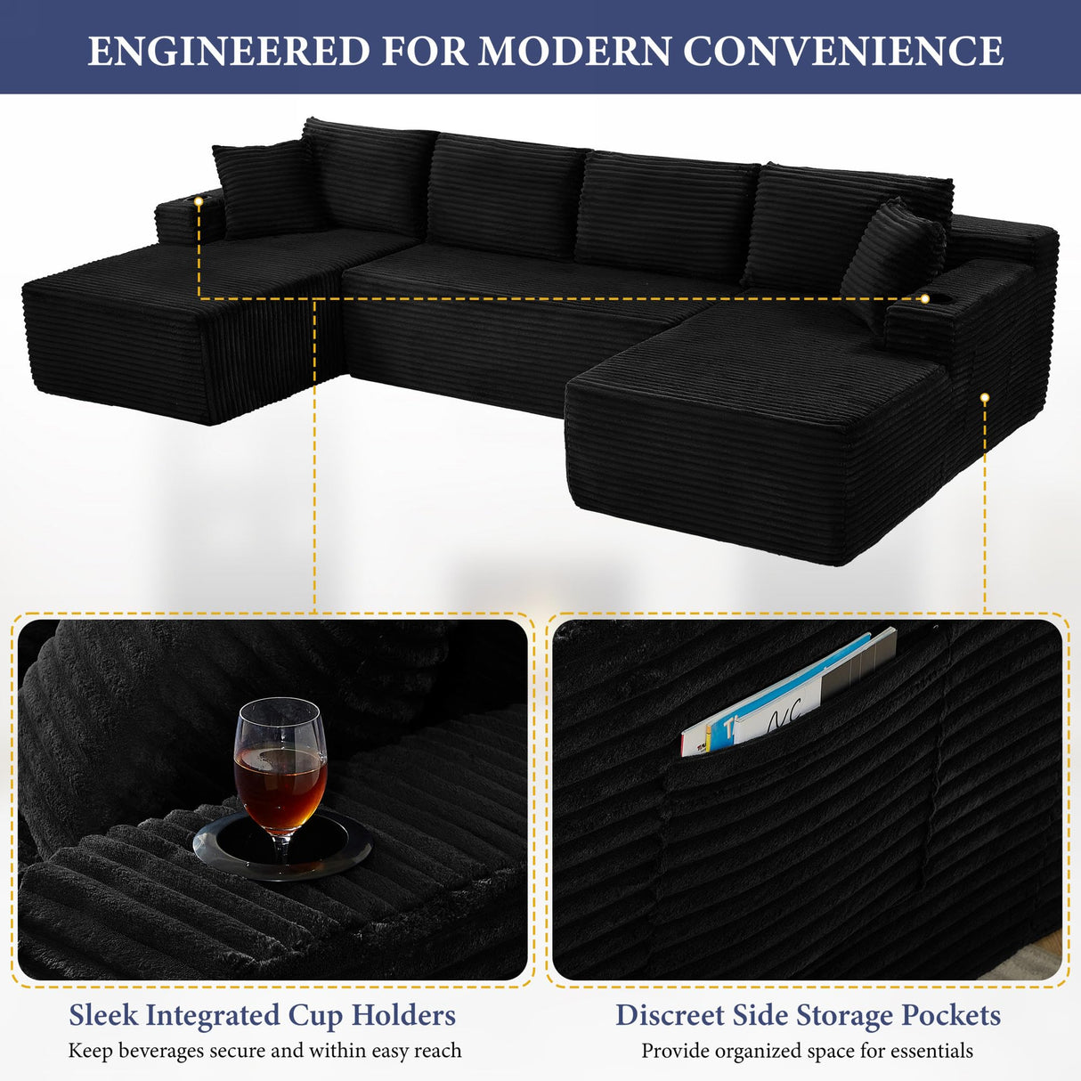 133" Oversized Couches for Living Room Modern Sectional Couch for Living Room Corduroy Boneless Couchs Comfy Cloud Couch Flexible Modular Sectional Sofa (Black, with Cup Holder) KOPSEE