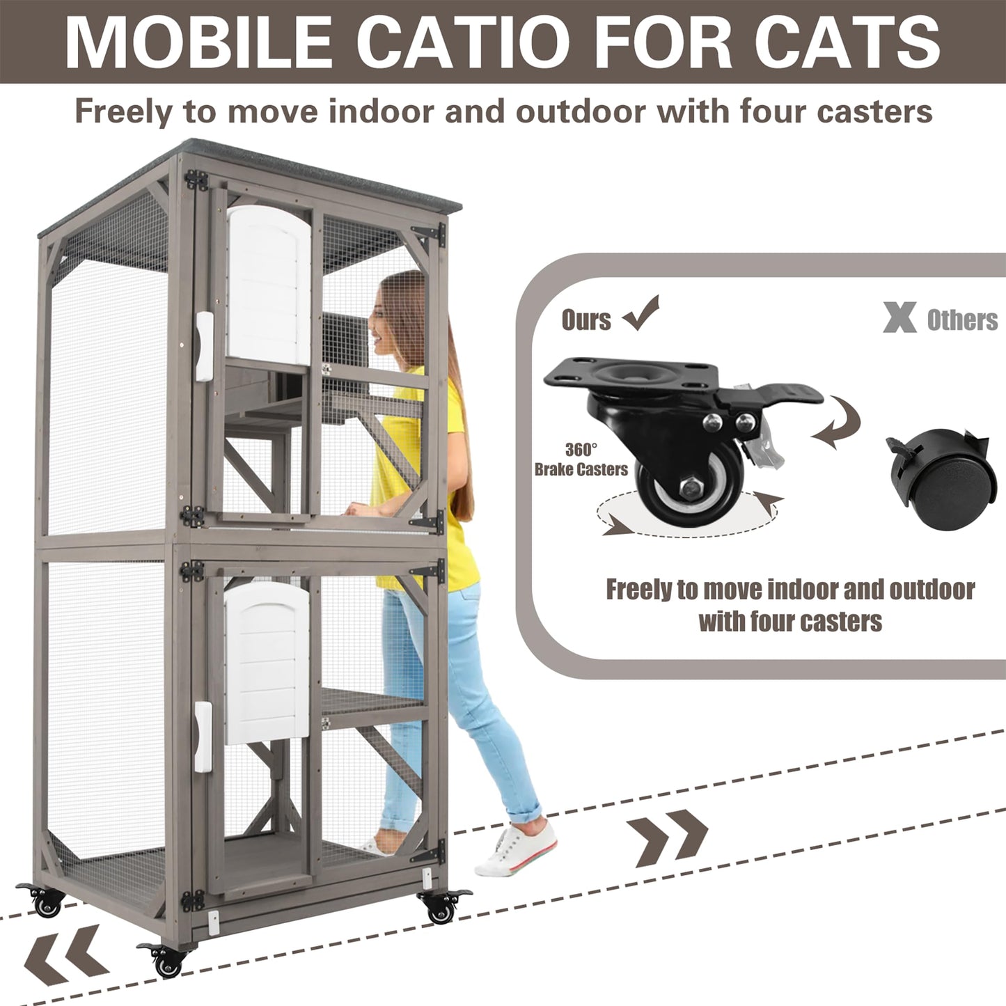 Gowoodhut Catio Cat Enclosures Outdoor for Cats, Wooden Outdoor Cat Enclosure on Wheels Attach to Window Catio, Cat House Weatherproof, Pull-out Tray-Greywhite - WoodArtSupply