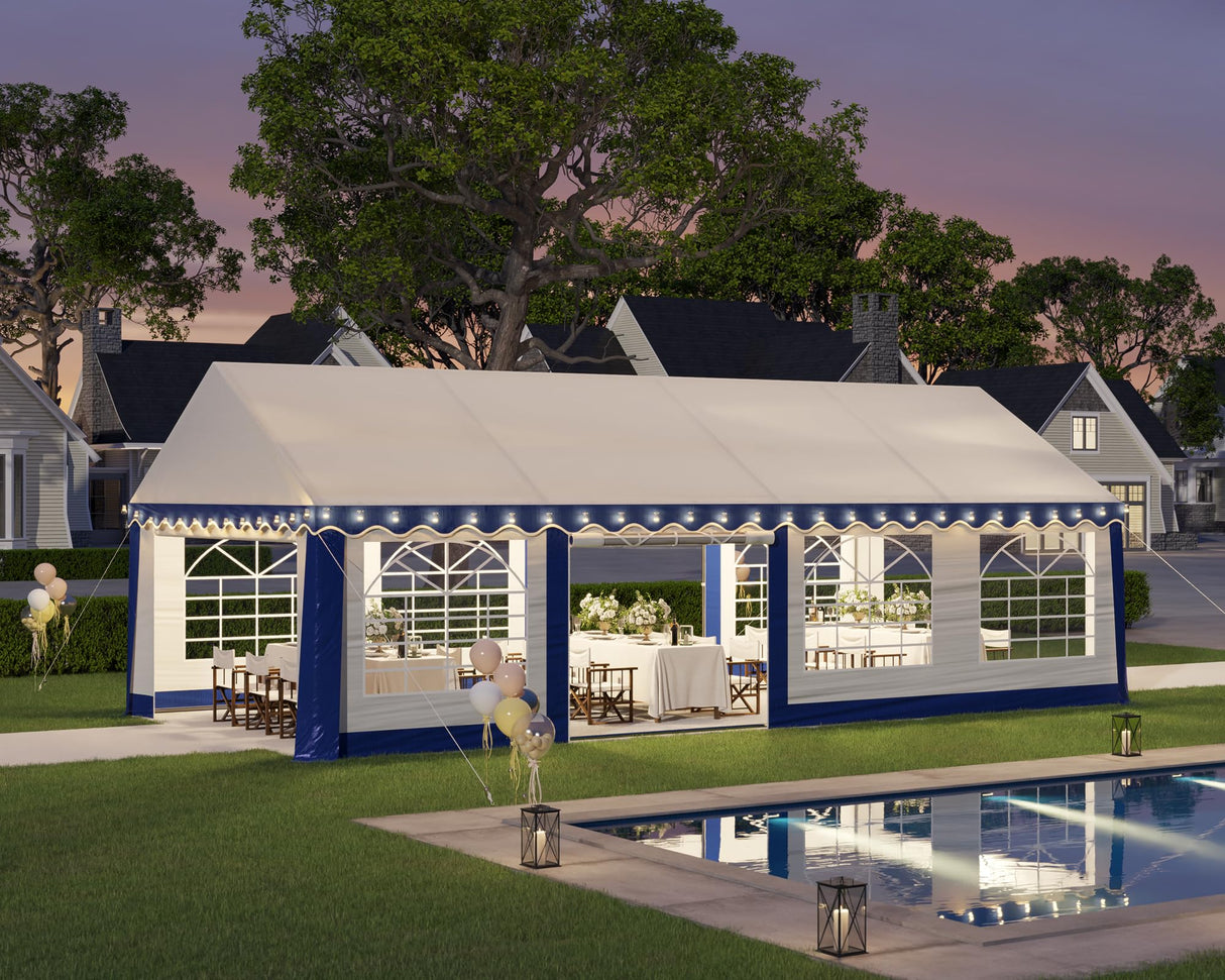 AMERLIFE 13 x 26 FT Party Tent with Rolled Sidewalls, Heavy Duty Wedding Tent for Party Outside with Zinc Alloy Tube & Spiral Stakes, Waterproof Event Shelters, White & Blue AMERLIFE