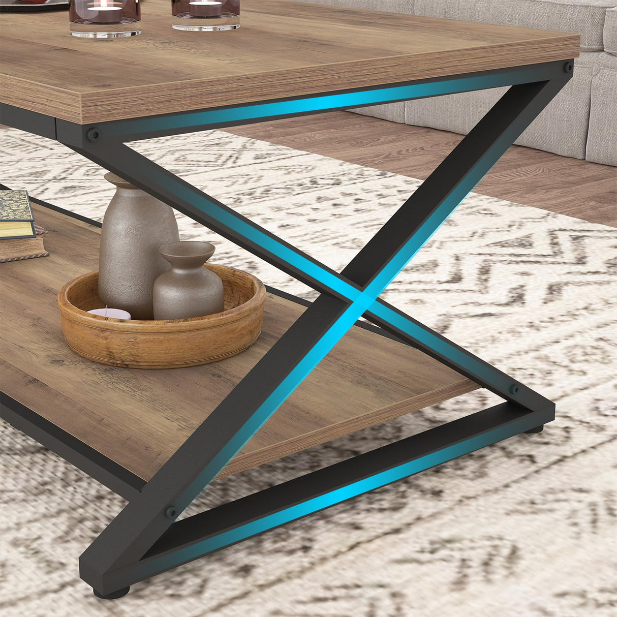 HSH Rustic Farmhouse Coffee Table, Modern Minimalist Wood and Metal Living Room Table, 2 Tie Rectangle Center Table with Storage & Display Shelf, Simple Office Cocktail Tea Table, Rustic Oak, 39 Inch HSH