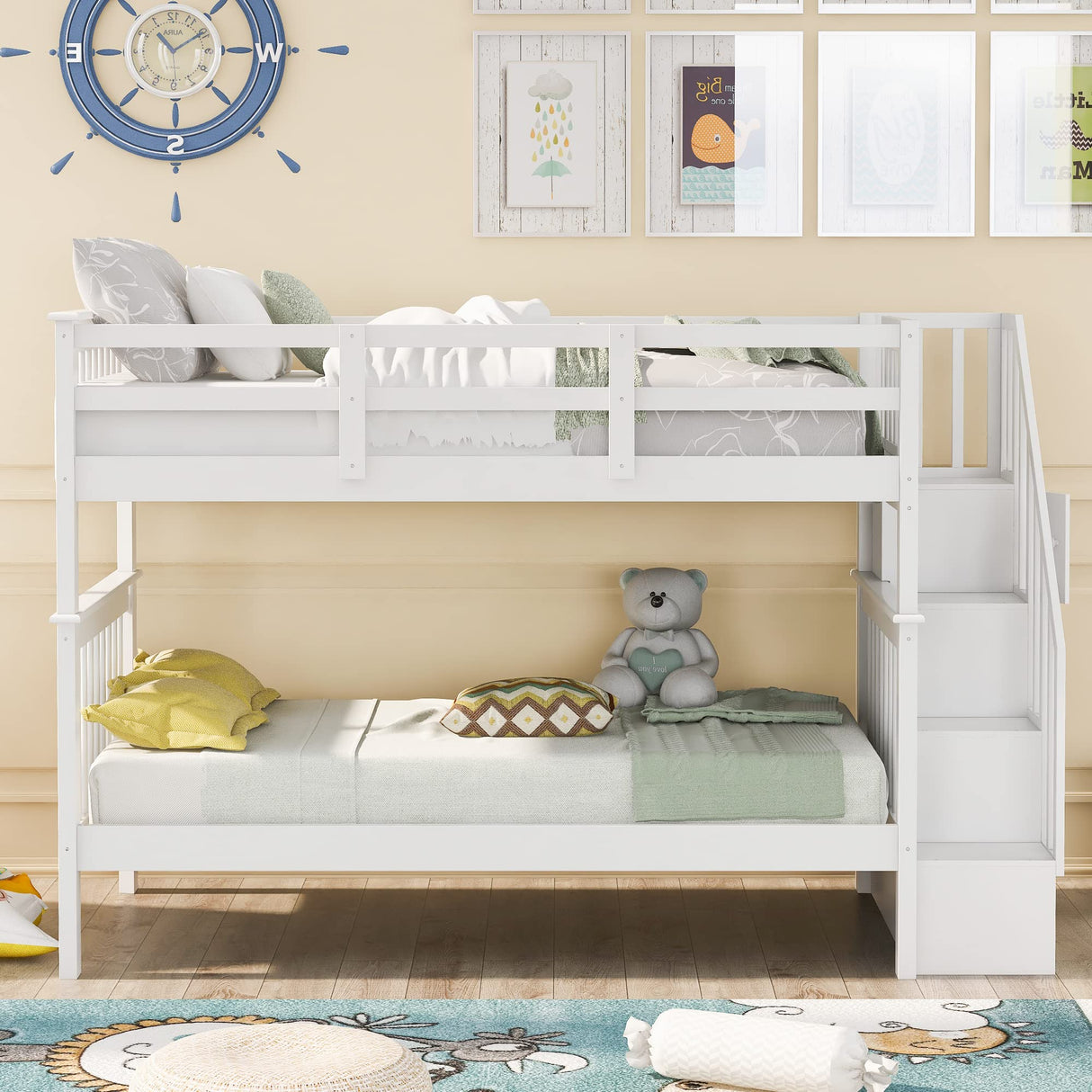 Harper & Bright Designs Twin Over Twin Bunk Bed with Stairs, Solid Wood Bunk Bed Frame with Storage for Kids Teens Adults Bedroom Dorm - White Harper & Bright Designs
