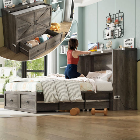 AMERLIFE Full Murphy Bed with Storage & Charging Station, Farmhouse Murphy Cabinet with Foldable Panel, Noisy Free, for Guest Bedroom, Living Room, Office, Rustic Gray AMERLIFE