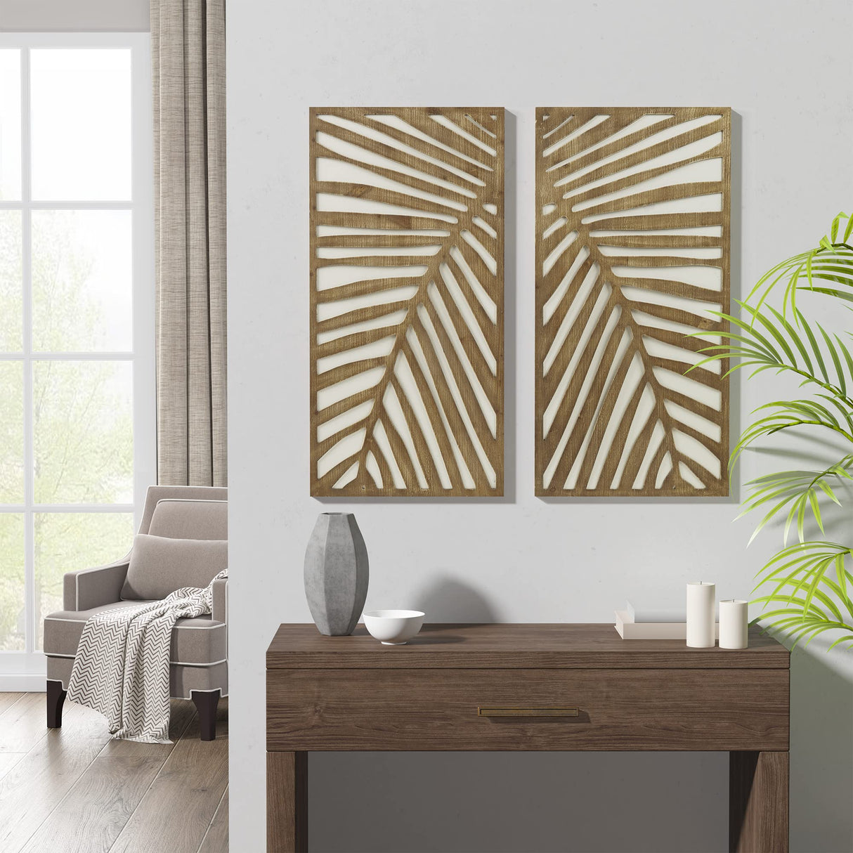 Madison Park Wall Art Living Room Décor - Birch Palms Botanical Carved Design, Home Accent Modern Kitchen Dining Decoration, Ready to Hang Panel for Bedroom, 16" W x 32" H, Dark Brown 2 Piece Madison Park