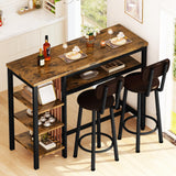 Recaceik Rustic Brown Counter Height Dining Set with Bar Table and 2 Upholstered Stools and Storage Shelves Recaceik